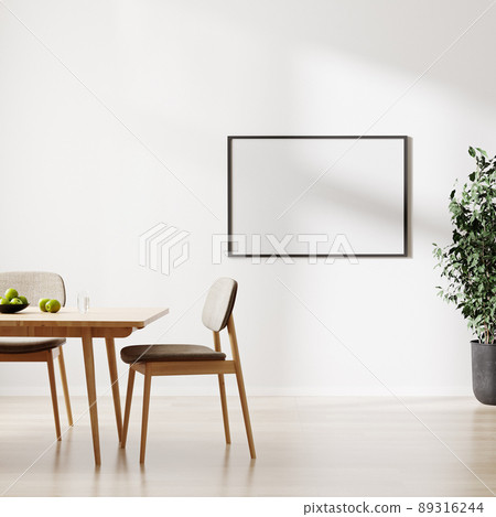 blank picture frame mockup on white wall, room with dinning table and chairs, 3d rendering blank picture frame mockup on white wall, room with dinning table and chairs, 3d rendering 89316244