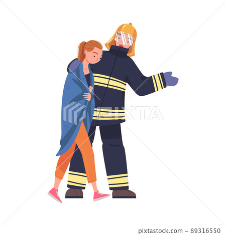 Man Firefighter Character Warning Woman About Emergency or Danger Vector Illustration 89316550