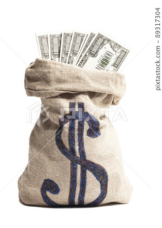 Money bag with one million dollars bills isolated on white 89317304