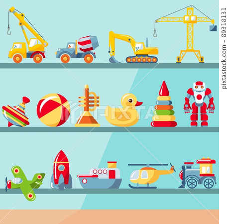 Childhood concept. Shop shelves with children toys set. Cabinet with different kids playthings. Vector illustration. 89318131