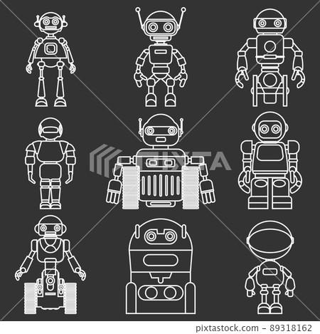 Set of different silhouettes robots flat linear vector icons isolated on black background. Vector illustration. Set of different silhouettes robots flat linear vector icons isolated on black background. Vector illustration. 89318162