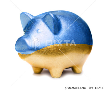 Golden pig moneybox in the color of Ukrainian flag Golden pig moneybox in the color of Ukrainian flag 89318241
