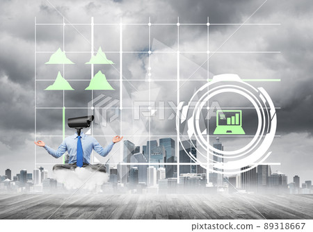 Camera headed man sitting in lotus pose on cloud against modern cityscape Camera headed man sitting in lotus pose on cloud against modern cityscape 89318667