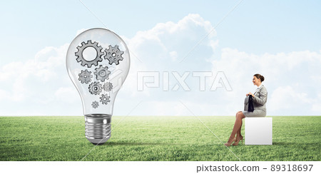 Attractive business lady or accountant outdoors on white box 89318697