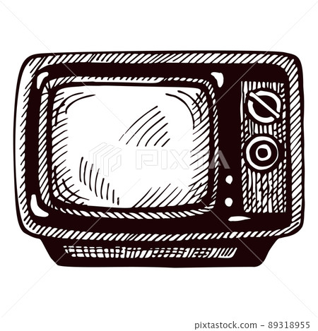Retro TV engraved isolated on white background. Vintage television media equipment in hand drawn style. Retro TV engraved isolated on white background. Vintage television media equipment in hand drawn style. 89318955