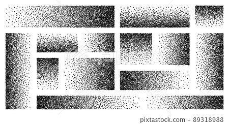 Stipple pattern, dotted rectangular design elements. Stippling, dotwork drawing, shading using dots. Pixel disintegration, random halftone effect. White noise grainy texture. Vector illustration Stipple pattern, dotted rectangular design elements. Stippling, dotwork drawing, shading using dots. Pixel disintegration, random halftone effect. White noise grainy texture. Vector illustration 89318988