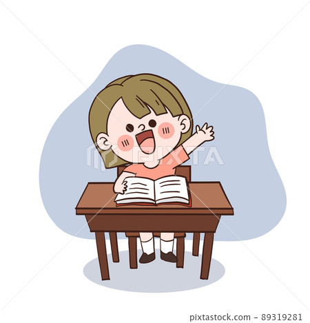 A cute happy little student girl in the classroom is hand up to answer the question.doodle vector cartoon character 89319281