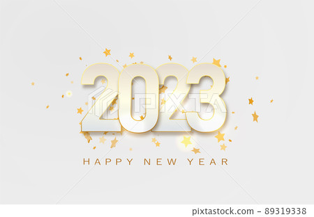 Happy New 2023 Year. Christmas vector illustration of metallic numbers 2023 and sparkling golden glitters pattern. Realistic 3d flat sign. Happy New poster or banner design 89319338