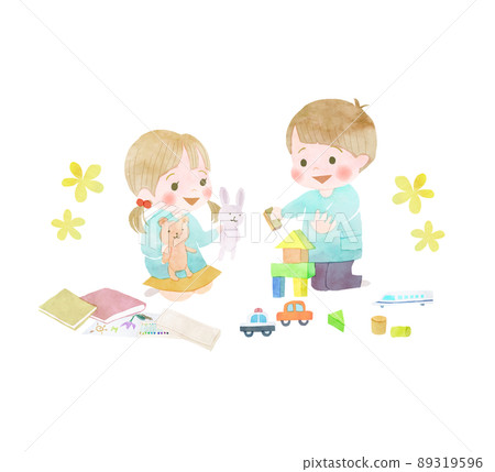 Handwritten style illustrations of children playing with toys 89319596