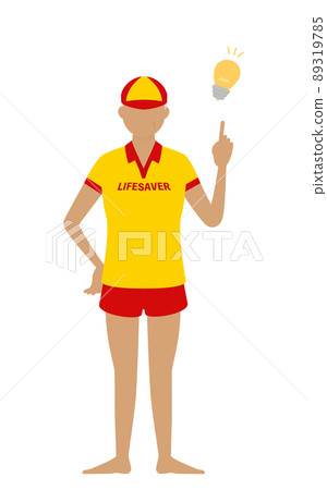 Senior female life saver poses, pointing and giving advice 89319785