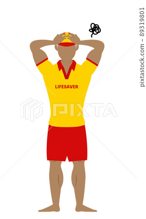 Senior male life saver poses, holding his head and worried 89319801
