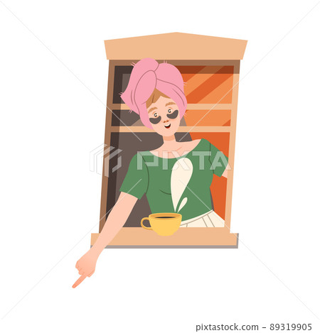Woman with Towel on Head in Open Window Pointing Finger Vector Illustration 89319905