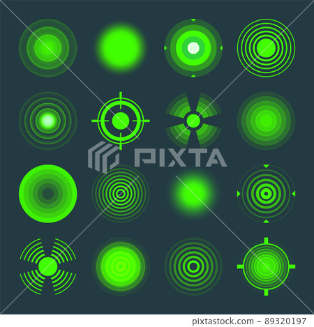 Thermal, night vision scope. Crosshair, gun sight vector icons. Bullseye, target or aim symbol. Military rifle scope, shooting mark sign. Targeting, aiming for a shot. Green radar waves, circles 89320197