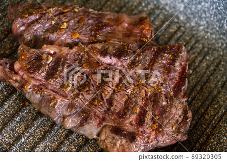 Juicy beef meat steak cooking on griddle pan at professional kitchen. Prime steak frying at grill. Delicious, modern cuisine Juicy beef meat steak cooking on griddle pan at professional kitchen. Prime steak frying at grill. Delicious, modern cuisine 89320305