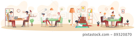 Set of people doing freelance at home. Remote work with on computer online internet entertainment 89320870