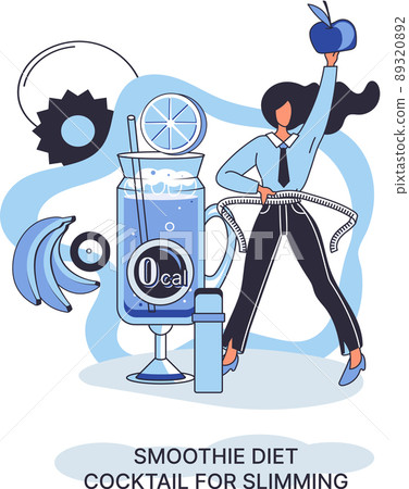 Smoothie as healthy diet cocktail for slimming tiny person concept. Vegan detox food and drink metaphor Smoothie as healthy diet cocktail for slimming tiny person concept. Vegan detox food and drink metaphor 89320892