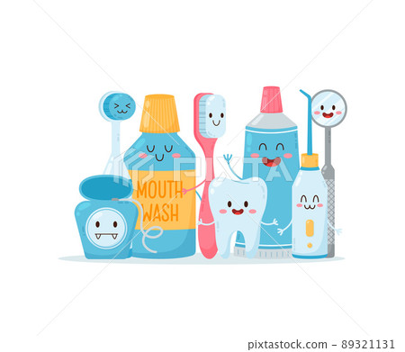 Cute dental care products with happy faces, flat vector illustration isolated on white background. Cute dental care products with happy faces, flat vector illustration isolated on white background. 89321131