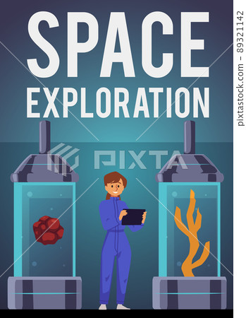 Space exploration poster template, astronaut or scientist woman studying alien plants, flat vector illustration. 89321142