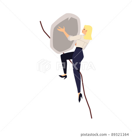 Business woman pushes uphill heavy stone, flat vector illustration isolated. 89321164