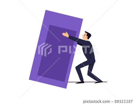 Young energetic man is pushing purple rectangular stone, boulder vector flat illustration on white background. Young energetic man is pushing purple rectangular stone, boulder vector flat illustration on white background. 89321187