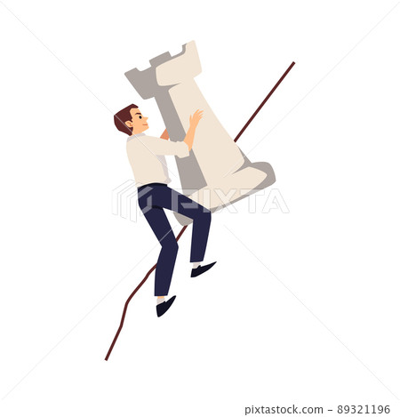Confident office worker character pushing huge chess piece up flat style Confident office worker character pushing huge chess piece up flat style 89321196