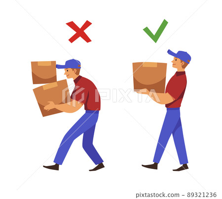 Incorrect and correct posture for carrying loads, vector illustration isolated. 89321236