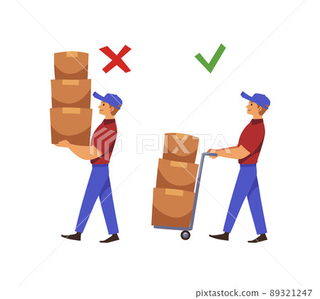 Wrong and right way of carrying weights and loads, vector illustration isolated. Wrong and right way of carrying weights and loads, vector illustration isolated. 89321247
