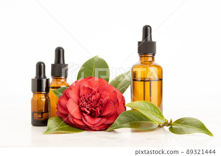 Camellia essential oil. Group of amber bottles and red camellia flower. Copy space 89321444