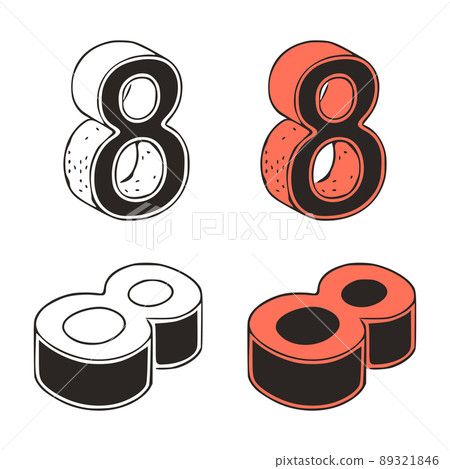 Isometric number 8 doodle vector illustration on white background. Stylized number zero clip art. 89321846