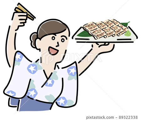 A woman wearing a yukata holding a white eel 89322338