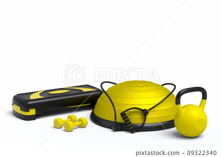 Isometric view of sport equipment like kettlebell, stretch ball and stepper on white background. 3d render of power lifting and fitness concept Isometric view of sport equipment like kettlebell, stretch ball and stepper on white background. 3d render of power lifting and fitness concept 89322340