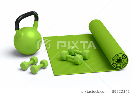Isometric view of sport equipment like yoga mat, dumbbell and kettlebell on white background. 3d render of power lifting and fitness concept Isometric view of sport equipment like yoga mat, dumbbell and kettlebell on white background. 3d render of power lifting and fitness concept 89322341