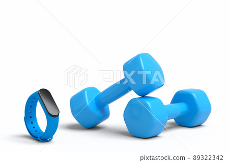 Isometric view of sport equipment like smart watches and dumbbell on white background. 3d render of power lifting and fitness concept Isometric view of sport equipment like smart watches and dumbbell on white background. 3d render of power lifting and fitness concept 89322342
