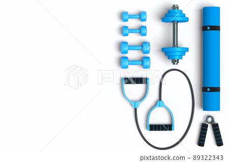 Top view of sport equipment like yoga mat, dumbbell and expander on white background. 3d render of power lifting and fitness concept Top view of sport equipment like yoga mat, dumbbell and expander on white background. 3d render of power lifting and fitness concept 89322343