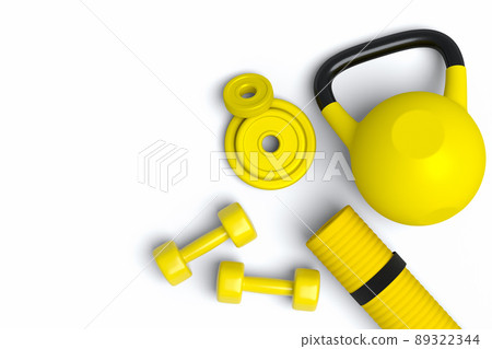Top view of sport equipment like yoga mat, kettlebell, dumbbell and disk on white background. 3d render of power lifting and fitness concept 89322344
