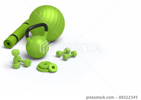 Isometric view of sport equipment like yoga mat, kettlebell, dumbbell and ball on white background. 3d render of power lifting and fitness concept Isometric view of sport equipment like yoga mat, kettlebell, dumbbell and ball on white background. 3d render of power lifting and fitness concept 89322345