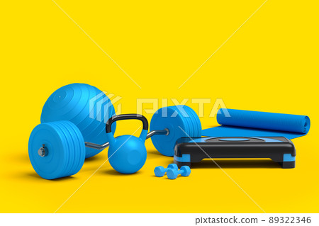 Isometric view of sport equipment like yoga mat, kettlebell, dumbbell and barbell on yellow background. 3d render of power lifting and fitness concept Isometric view of sport equipment like yoga mat, kettlebell, dumbbell and barbell on yellow background. 3d render of power lifting and fitness concept 89322346