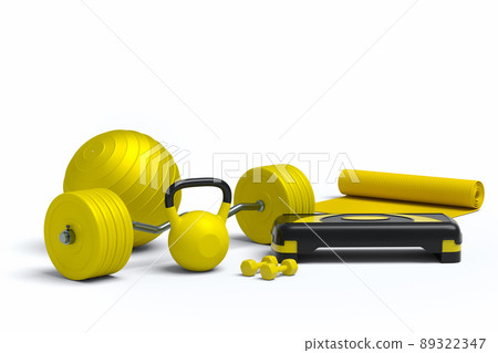 Isometric view of sport equipment like yoga mat, kettlebell, dumbbell and barbell on white background. 3d render of power lifting and fitness concept 89322347