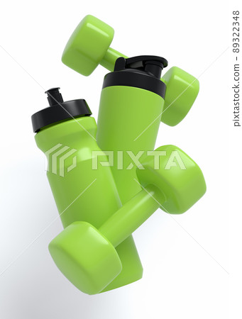 Isometric view of sport equipment like water bottle and dumbbell on white background. 3d render of power lifting and fitness concept 89322348
