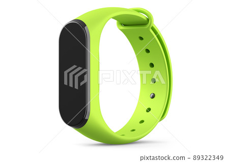 Green fitness tracker or smart watch with heart rate monitor isolated on white background. 3d render of sport equipment for active training and wearable device. 89322349