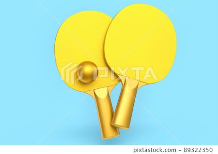 Pair ping pong rackets for table tennis with ball isolated on blue background. 3d render of sports equipment for active training 89322350