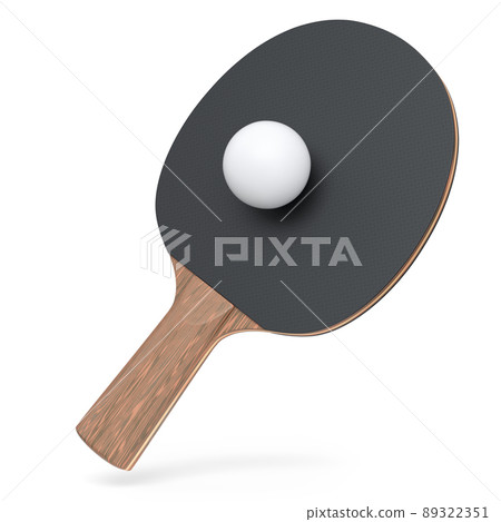 Black ping pong racket for table tennis with ball isolated on white background. 3d render of sports equipment for active training 89322351