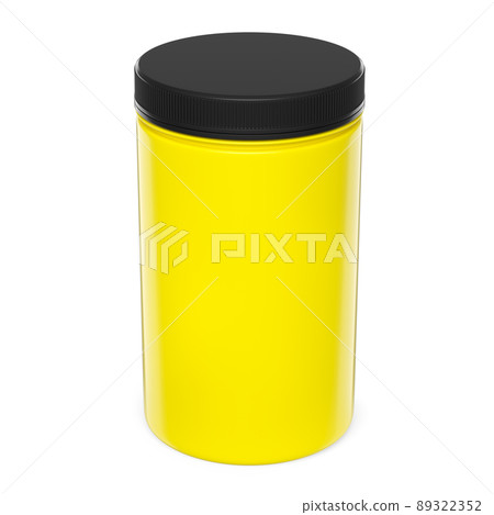 Yellow plastic jar for sport nutrition whey protein and gainer powder isolated on white background. 3d rendering of sport supplement for crossfit, trx and powerlifting workout Yellow plastic jar for sport nutrition whey protein and gainer powder isolated on white background. 3d rendering of sport supplement for crossfit, trx and powerlifting workout 89322352