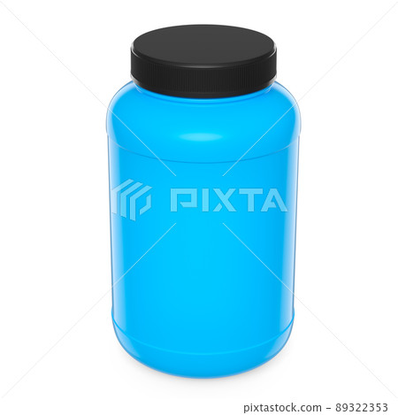 Blue plastic jar for sport nutrition whey protein and gainer powder isolated on white background. 3d rendering of sport supplement for crossfit, trx and powerlifting workout Blue plastic jar for sport nutrition whey protein and gainer powder isolated on white background. 3d rendering of sport supplement for crossfit, trx and powerlifting workout 89322353