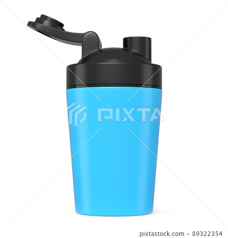 Blue plastic sport shaker for protein drink isolated on white background. 3D render of sport food cocktail container 89322354