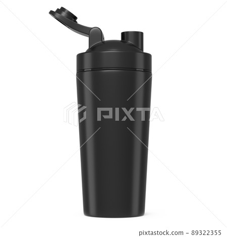 Black plastic sport shaker for protein drink isolated on white background. 3D render of sport food cocktail container Black plastic sport shaker for protein drink isolated on white background. 3D render of sport food cocktail container 89322355