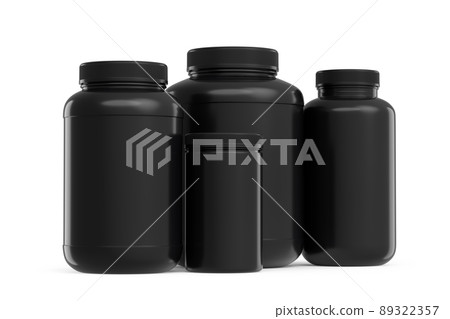 Set of black plastic jar for sport nutrition whey protein and gainer powder isolated on white background. 3d rendering of sport supplement for crossfit, trx and powerlifting workout Set of black plastic jar for sport nutrition whey protein and gainer powder isolated on white background. 3d rendering of sport supplement for crossfit, trx and powerlifting workout 89322357