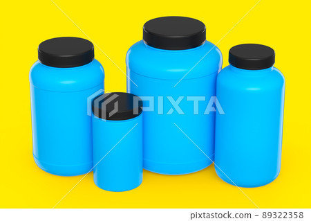 Set of blue plastic jar for sport nutrition whey protein and gainer powder isolated on yellow background. 3d rendering of sport supplement for crossfit, trx and powerlifting workout Set of blue plastic jar for sport nutrition whey protein and gainer powder isolated on yellow background. 3d rendering of sport supplement for crossfit, trx and powerlifting workout 89322358
