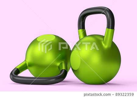 Set of gym green kettlebell for workout isolated on pink background. 3d rendering of sport equipment for fitness and powerlifting Set of gym green kettlebell for workout isolated on pink background. 3d rendering of sport equipment for fitness and powerlifting 89322359