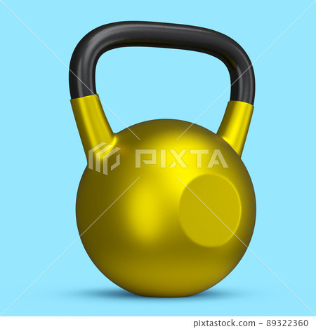 Heavy gym gold kettlebell for workout isolated on blue background. 3d rendering of sport equipment for fitness and powerlifting Heavy gym gold kettlebell for workout isolated on blue background. 3d rendering of sport equipment for fitness and powerlifting 89322360